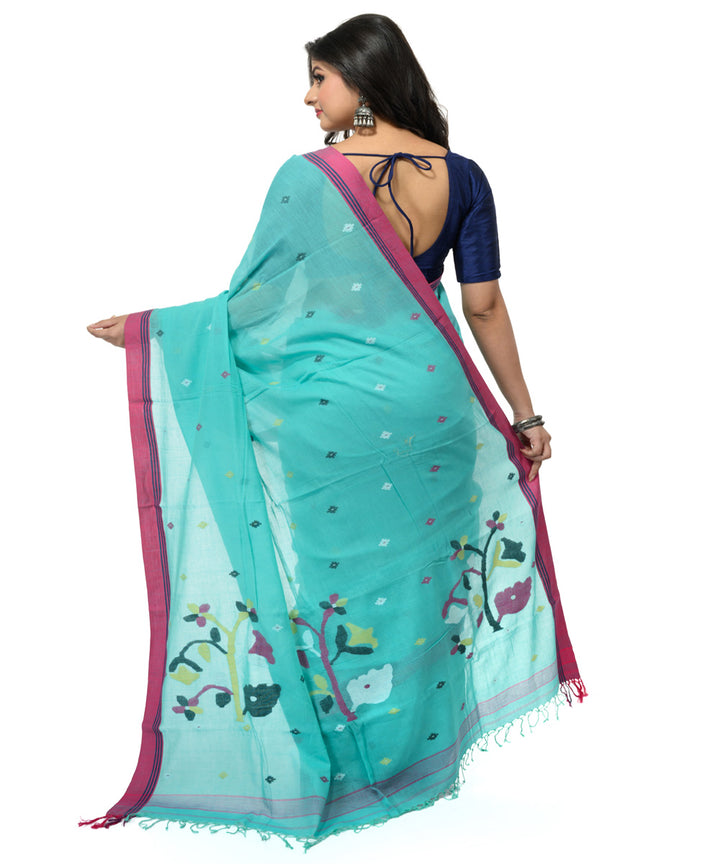 Cyan blue magenta handwoven bengal cotton saree