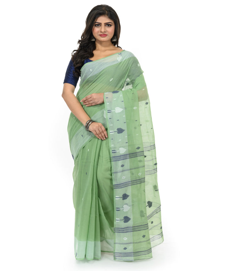 Cyan green white handwoven bengal cotton saree