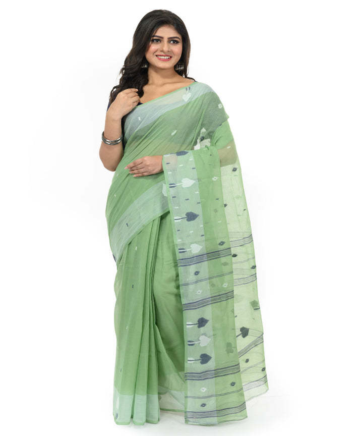 Cyan green white handwoven bengal cotton saree