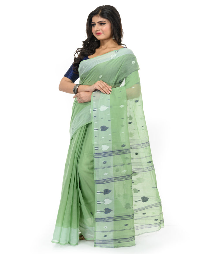 Cyan green white handwoven bengal cotton saree