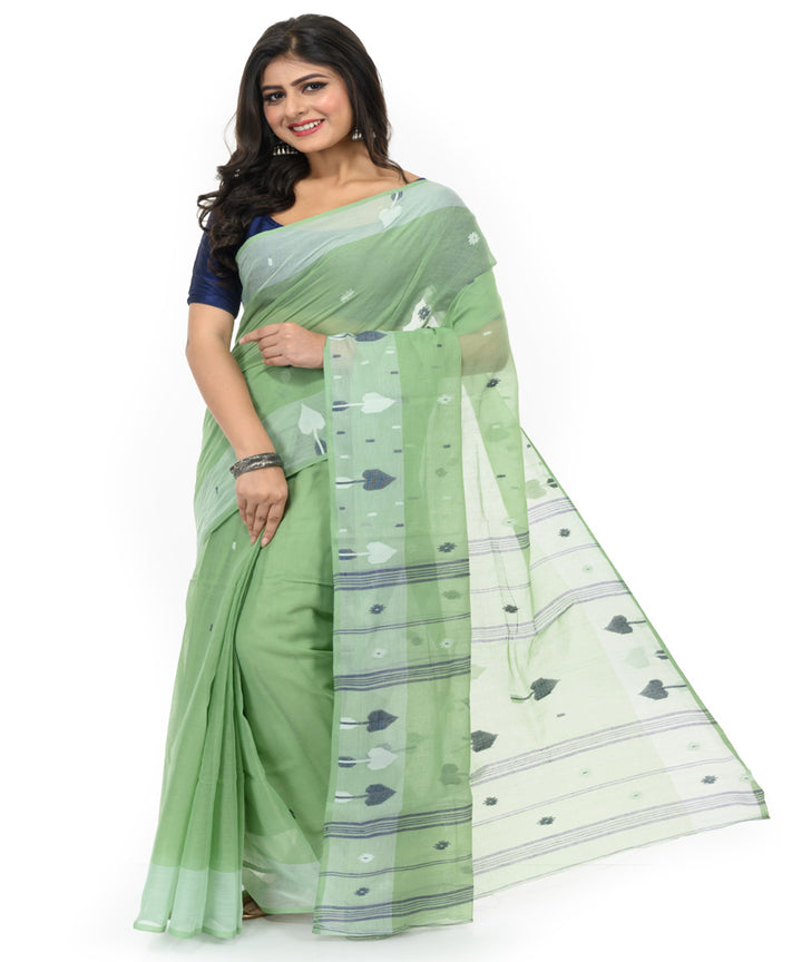 Cyan green white handwoven bengal cotton saree
