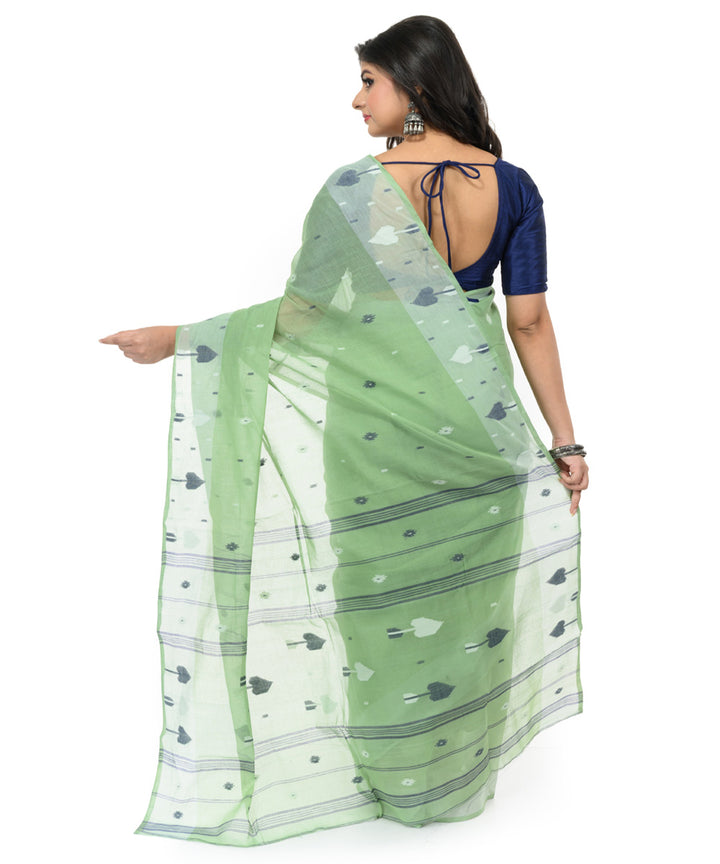 Cyan green white handwoven bengal cotton saree