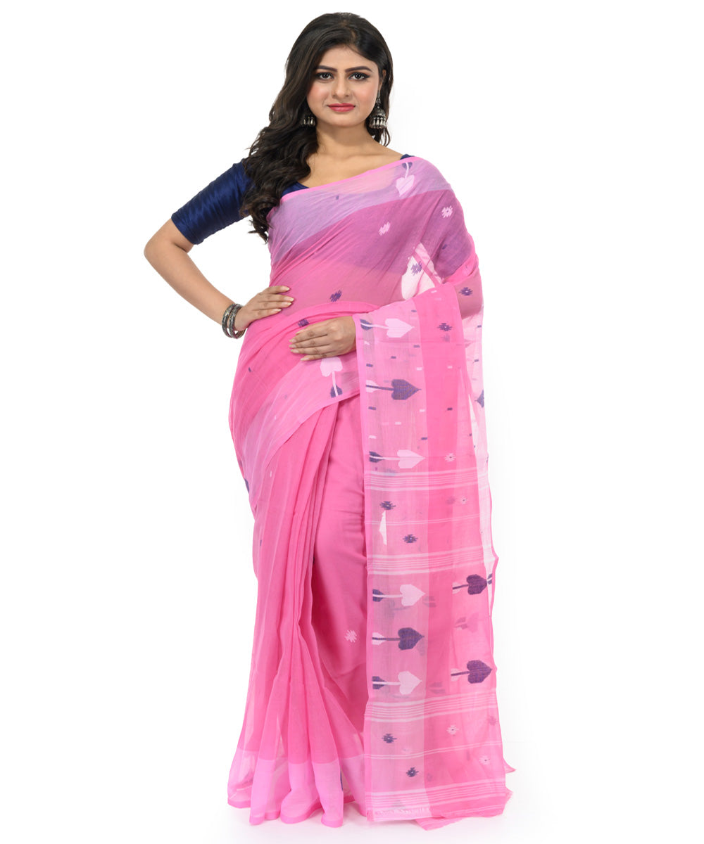 Pink white handwoven bengal cotton saree