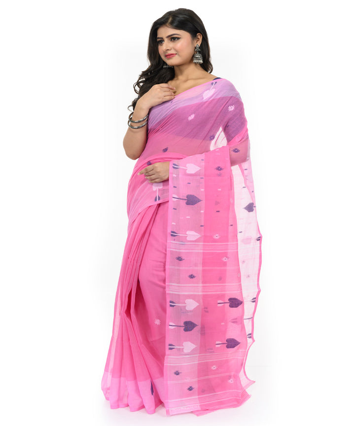 Pink white handwoven bengal cotton saree