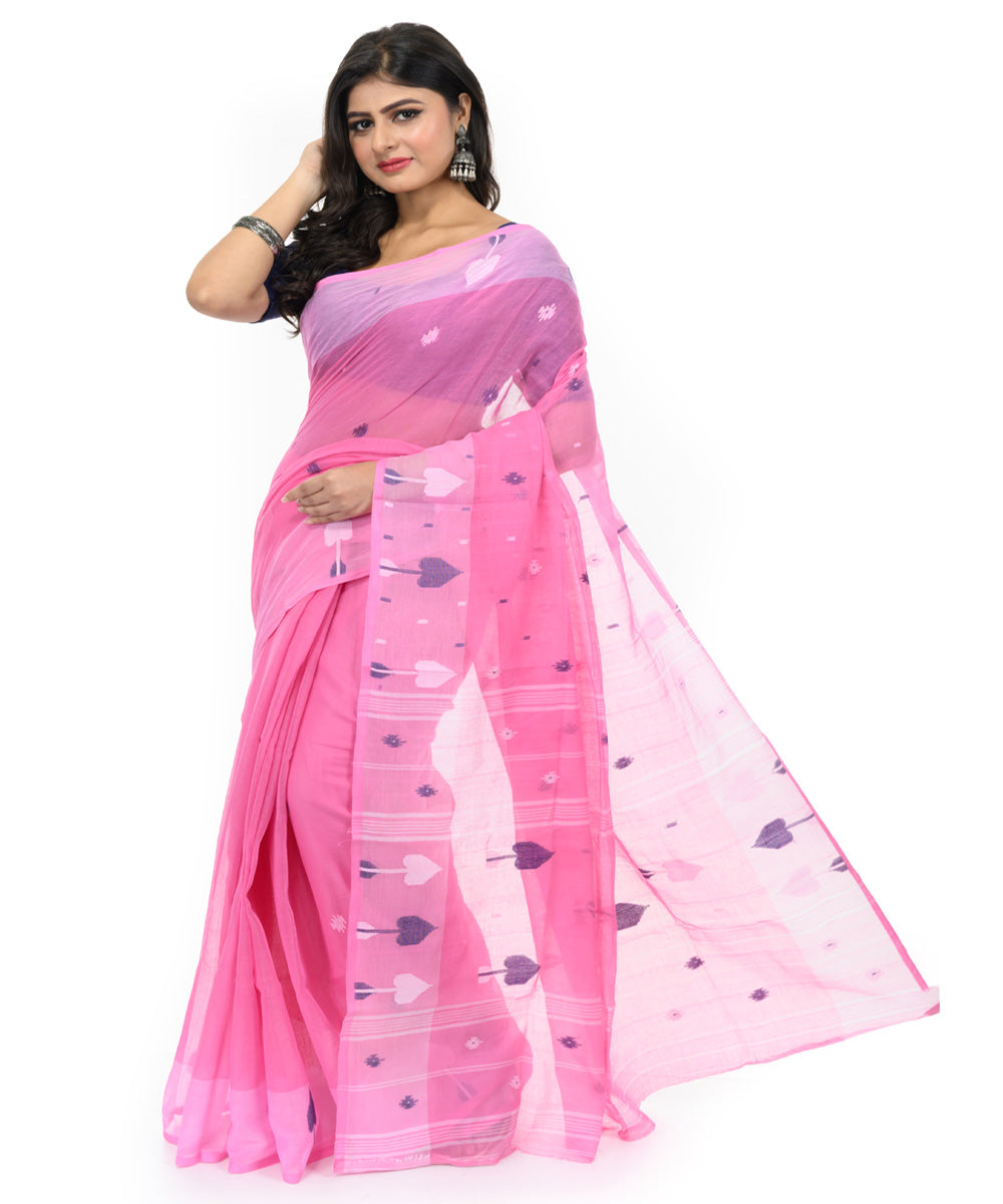 Pink white handwoven bengal cotton saree
