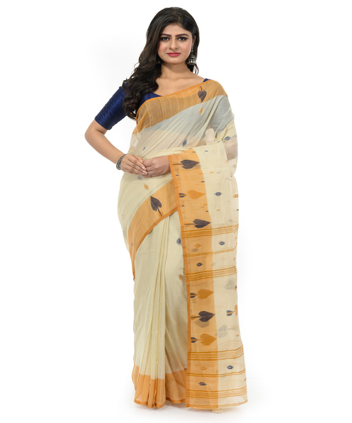 Beige white handwoven bengal cotton saree