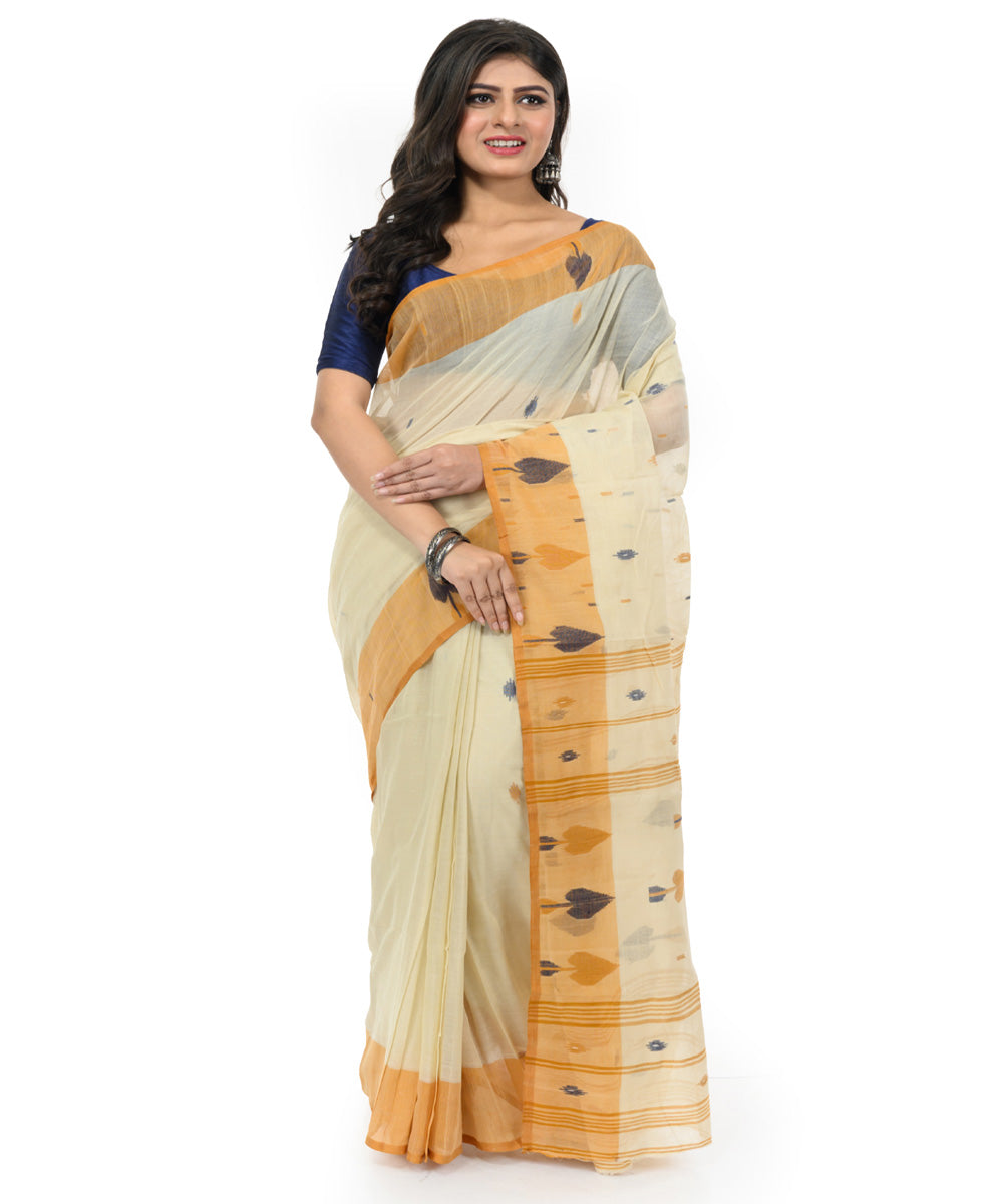 Beige white handwoven bengal cotton saree