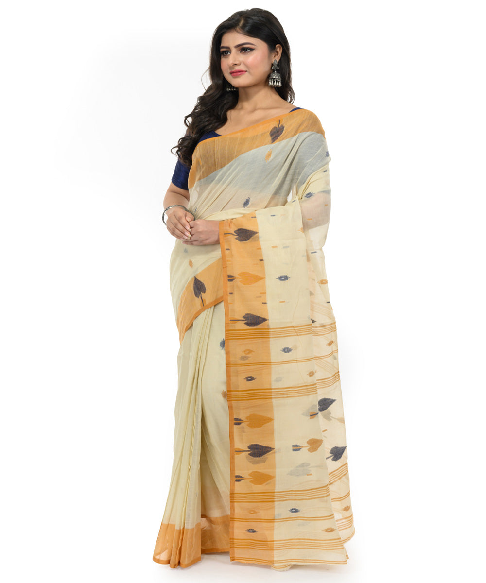 Beige white handwoven bengal cotton saree