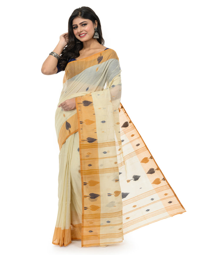 Beige white handwoven bengal cotton saree