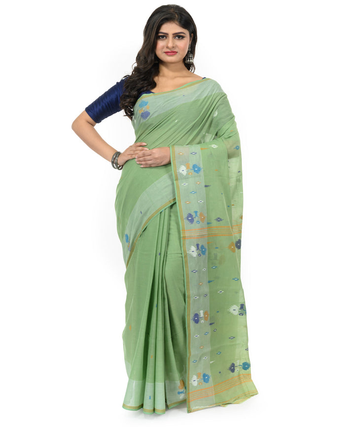 Dark green multi color handwoven bengal cotton saree