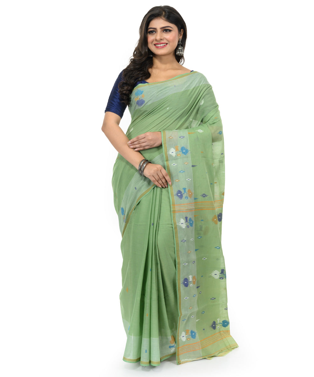 Dark green multi color handwoven bengal cotton saree