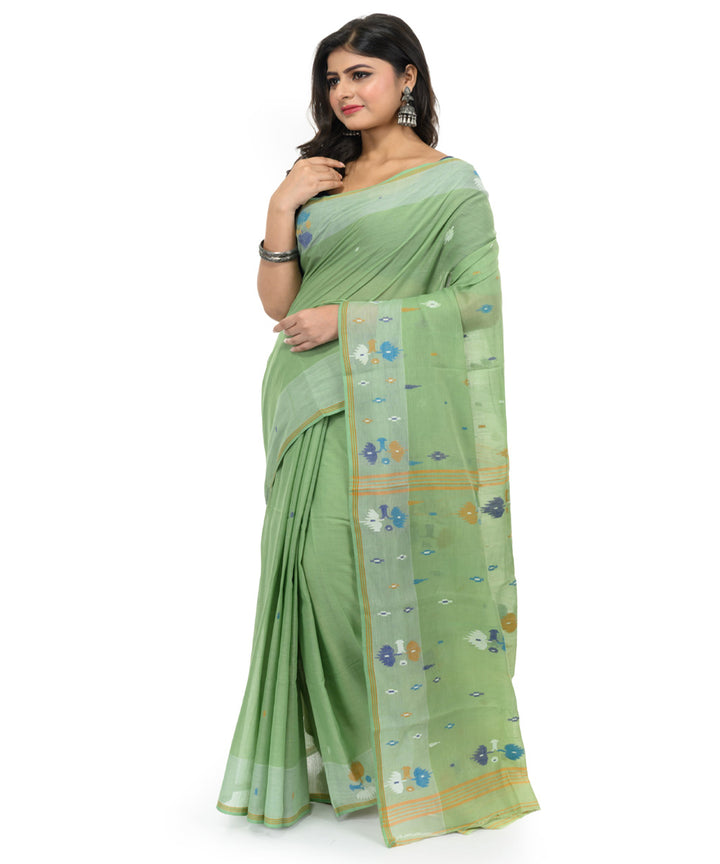Dark green multi color handwoven bengal cotton saree