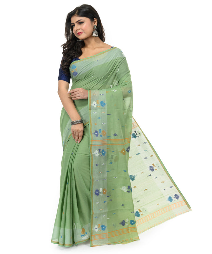 Dark green multi color handwoven bengal cotton saree