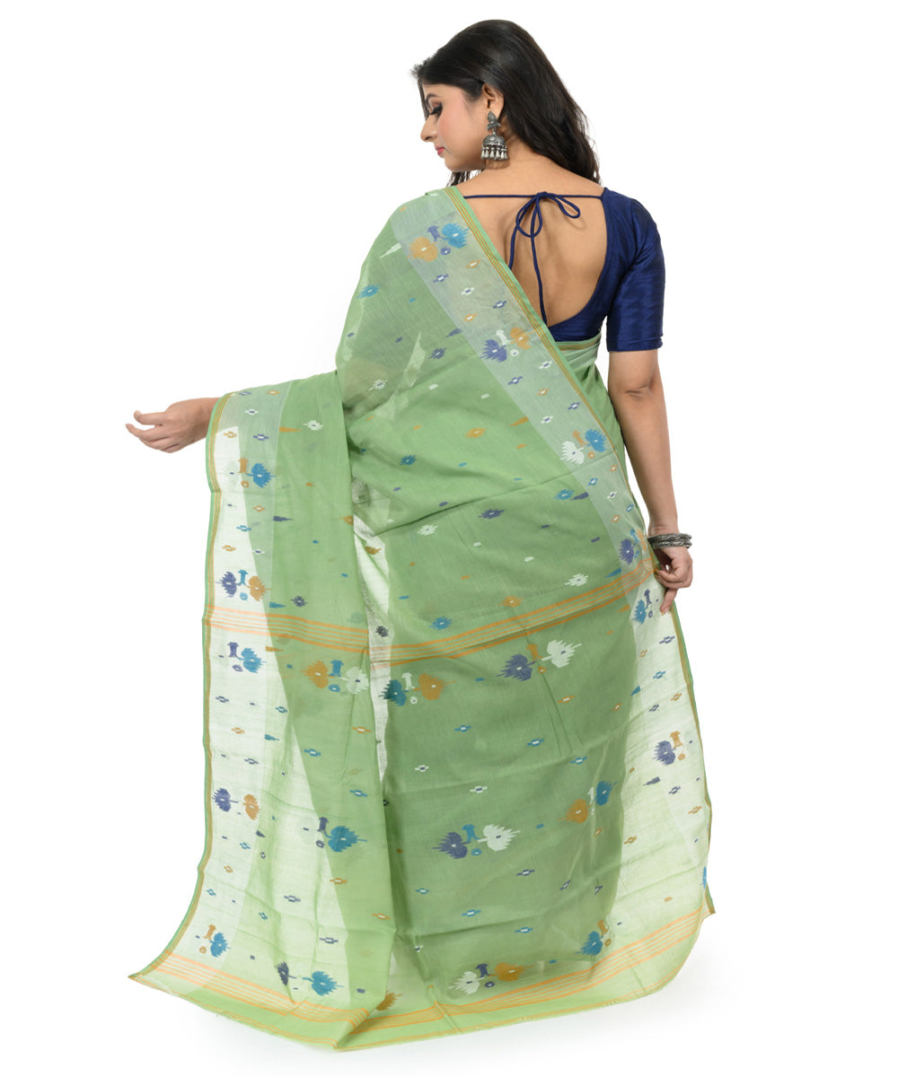 Dark green multi color handwoven bengal cotton saree
