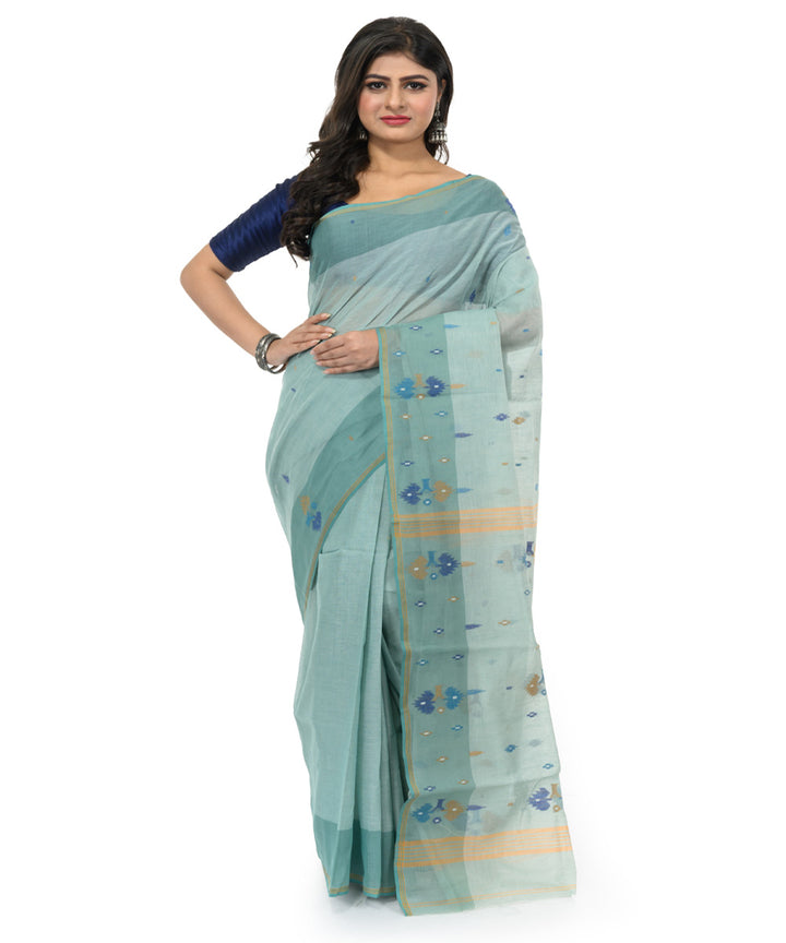 Cyan blue hand woven bengal cotton saree