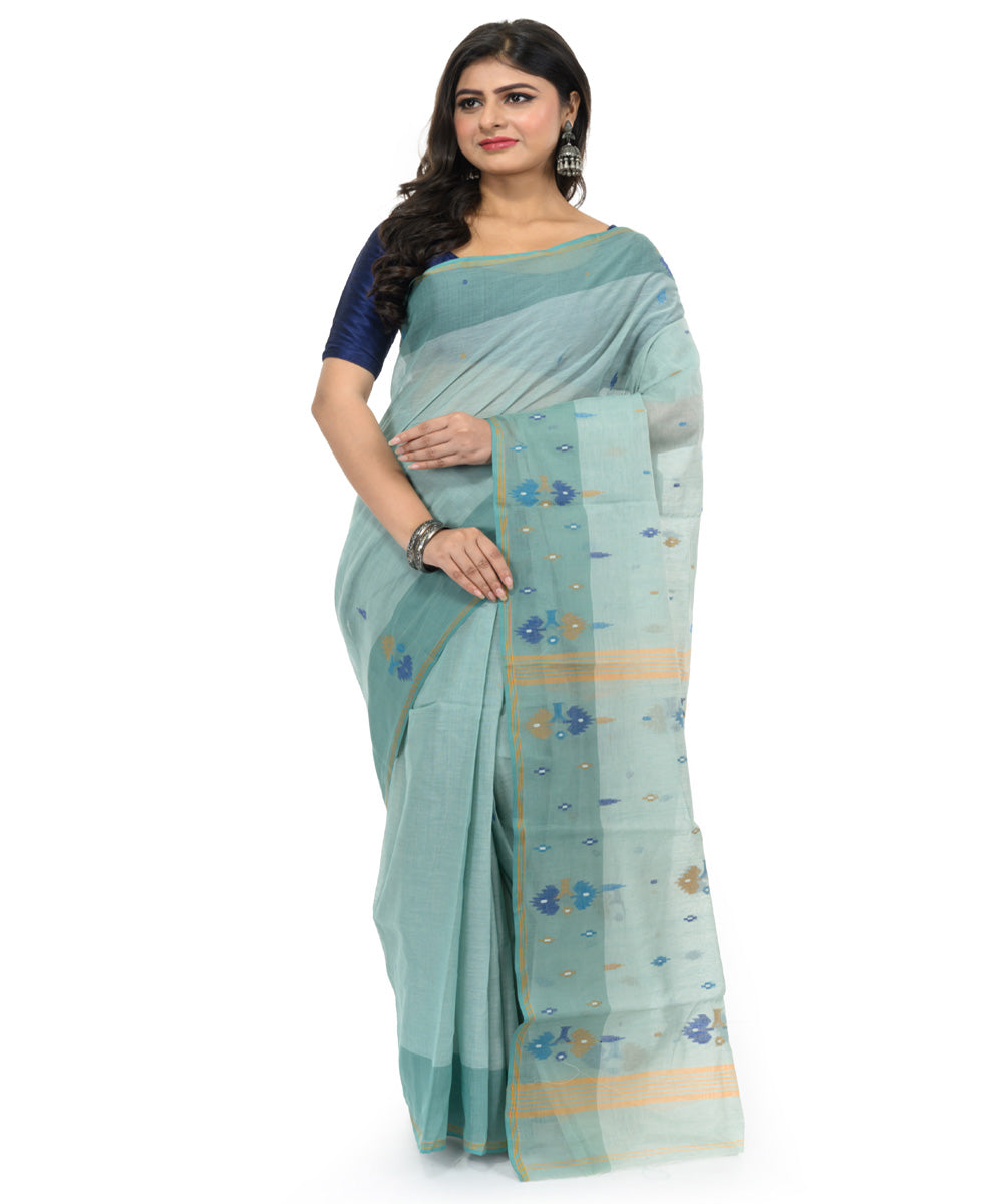 Cyan blue hand woven bengal cotton saree