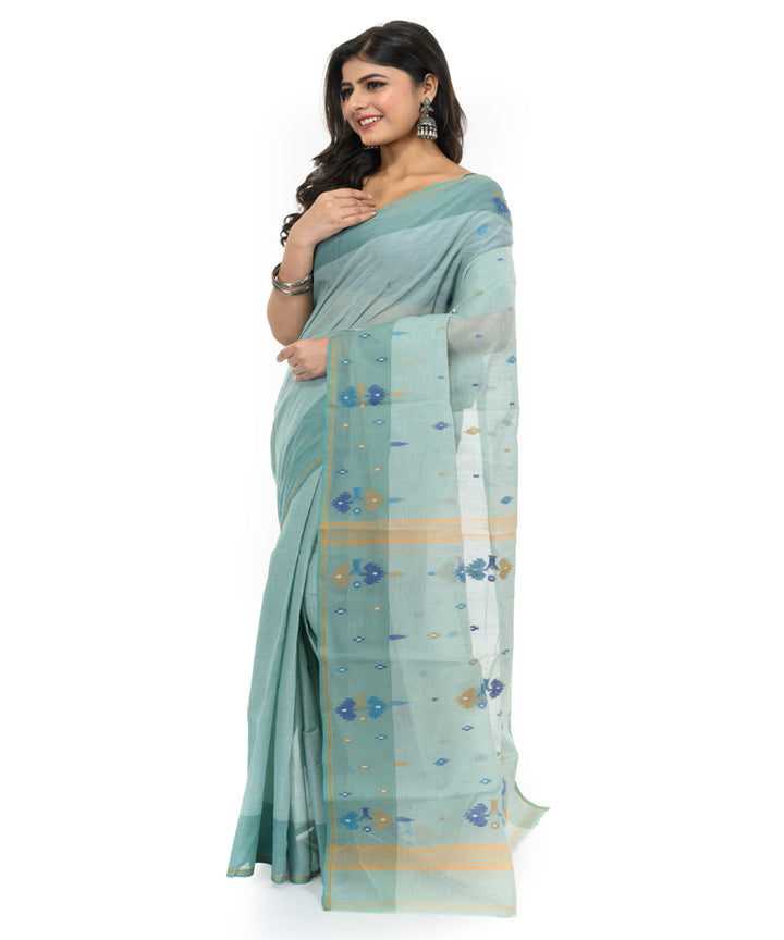 Cyan blue hand woven bengal cotton saree
