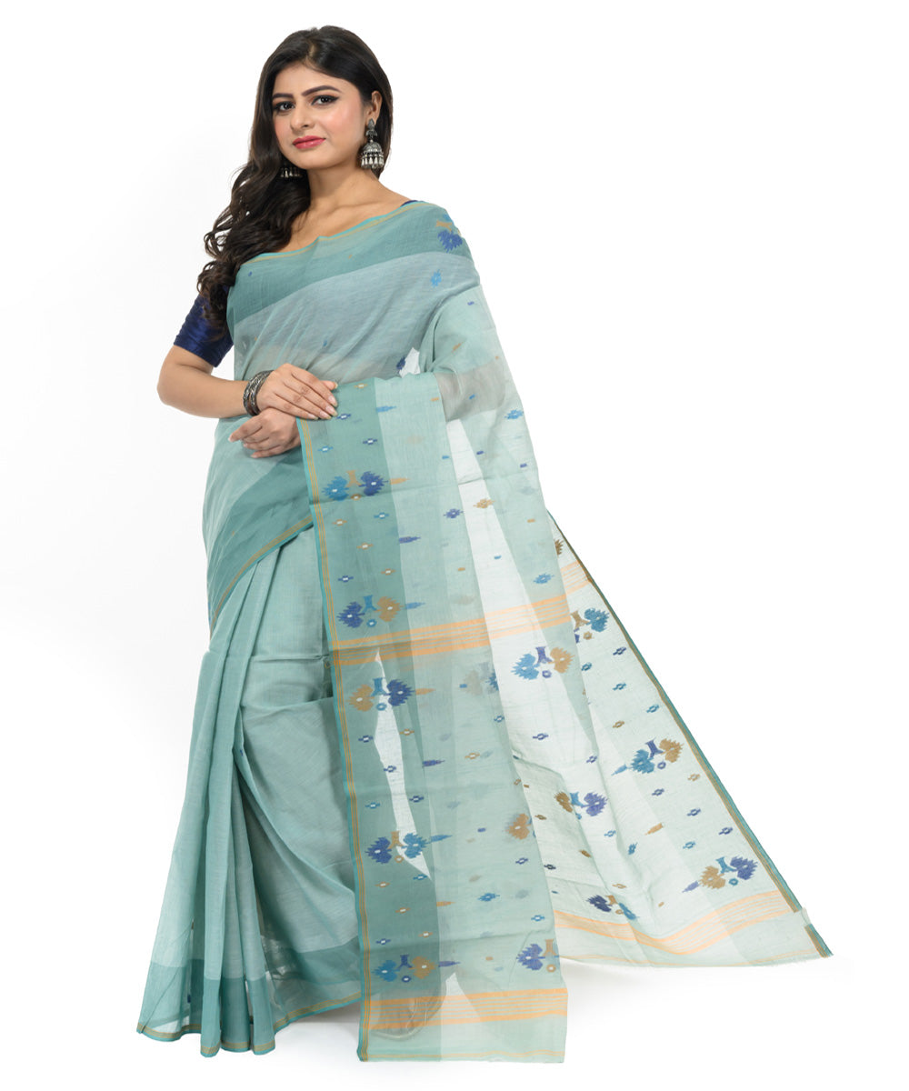 Cyan blue hand woven bengal cotton saree