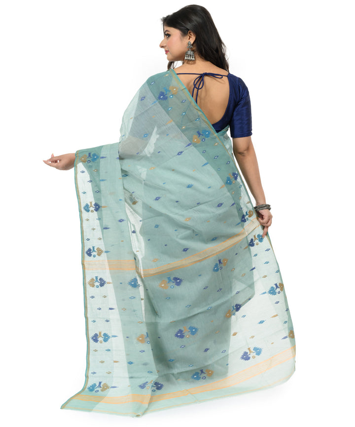 Cyan blue hand woven bengal cotton saree