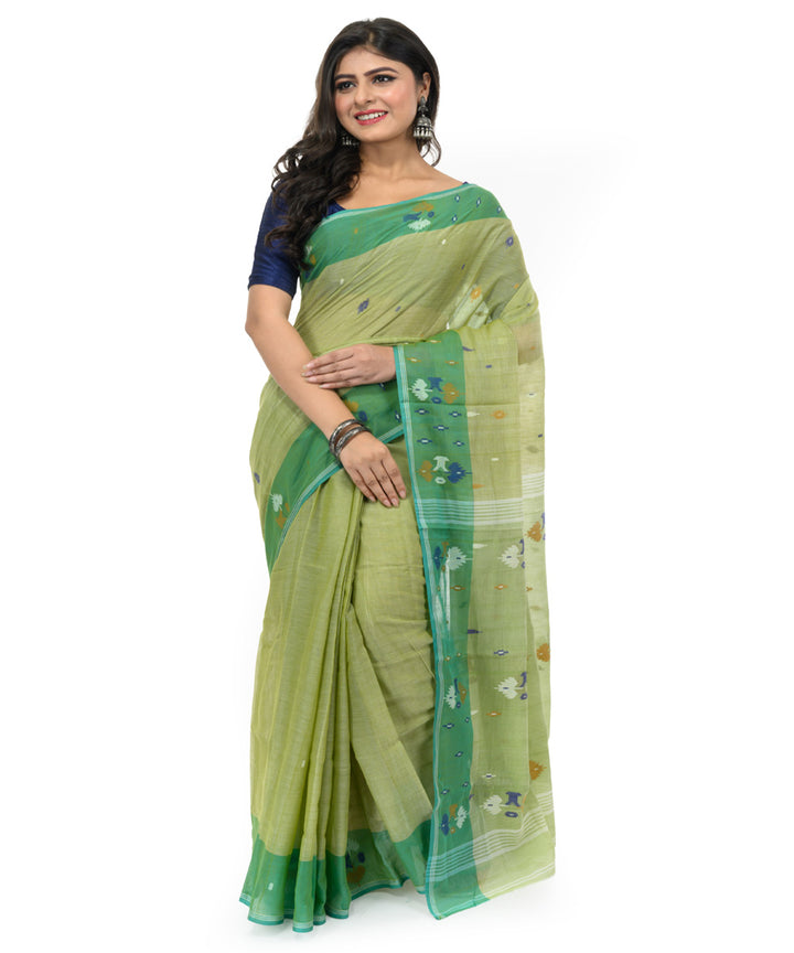 Teal green hand woven bengal cotton saree