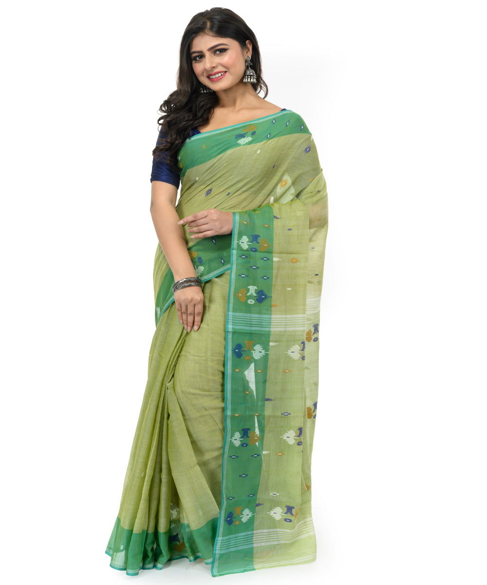 Teal green hand woven bengal cotton saree