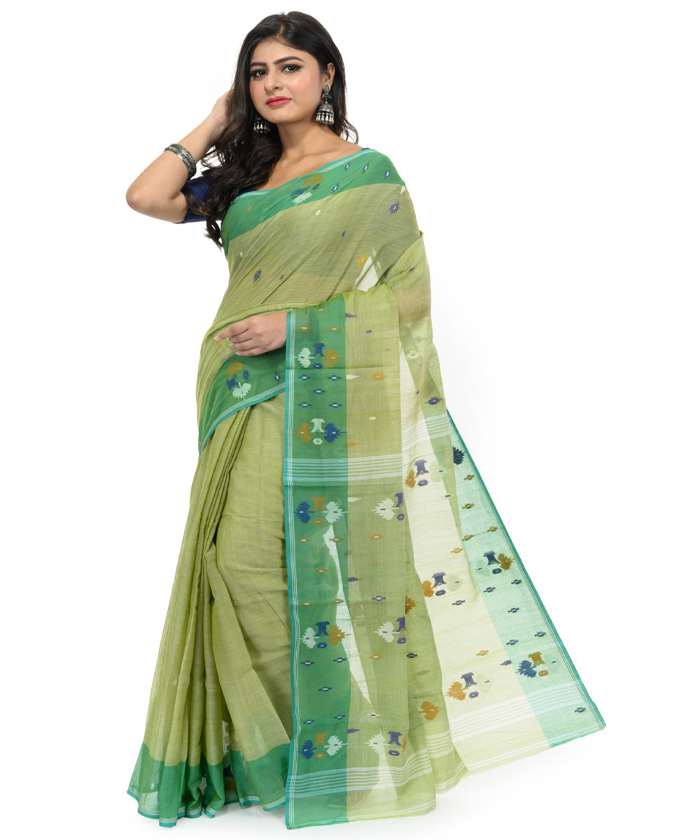 Teal green hand woven bengal cotton saree
