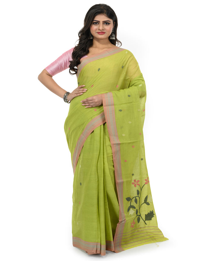 Light green brown handwoven bengal cotton saree