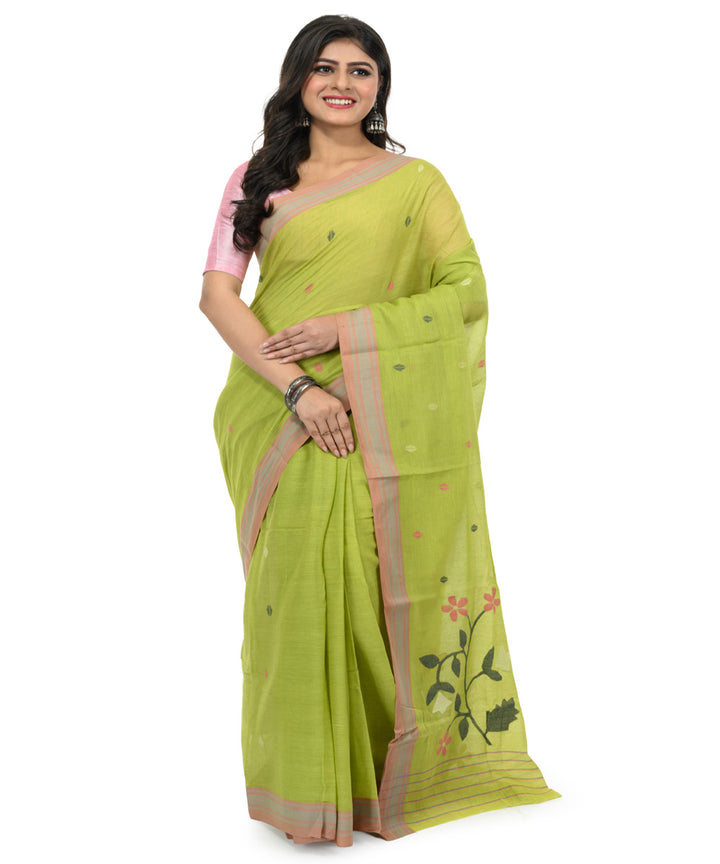 Light green brown handwoven bengal cotton saree