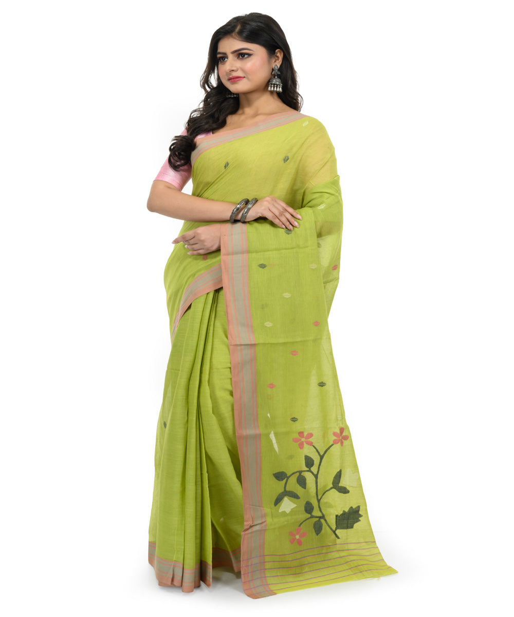 Light green brown handwoven bengal cotton saree