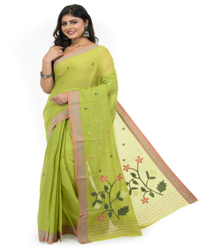 Light green brown handwoven bengal cotton saree