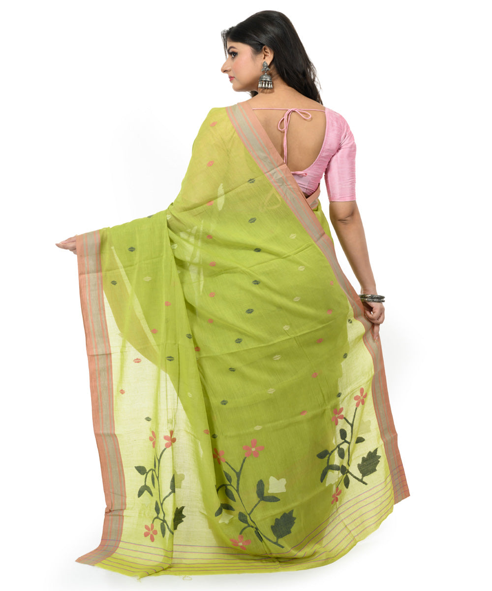 Light green brown handwoven bengal cotton saree
