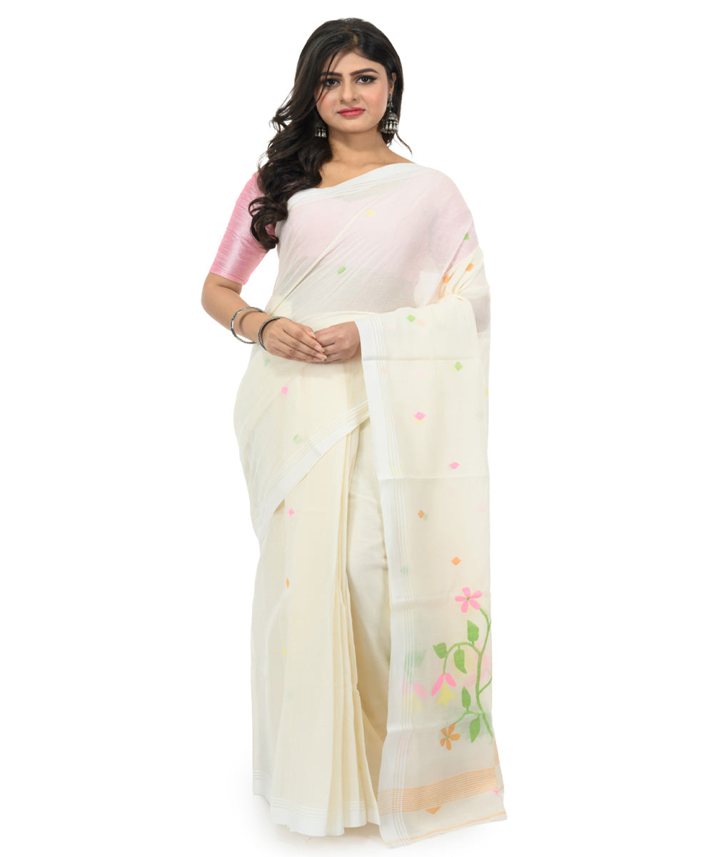 White multicolor handwoven bengal cotton saree