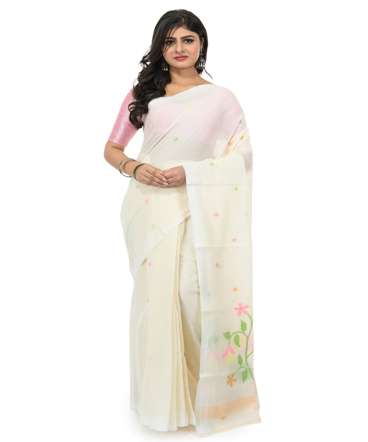 White multicolor handwoven bengal cotton saree