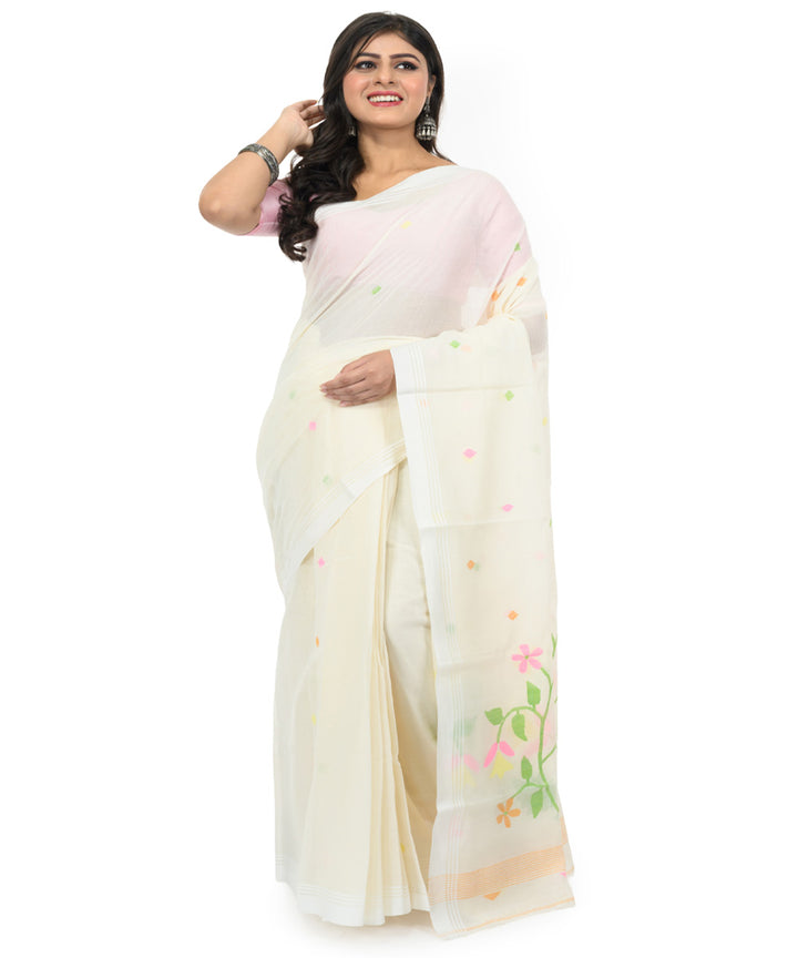 White multicolor handwoven bengal cotton saree