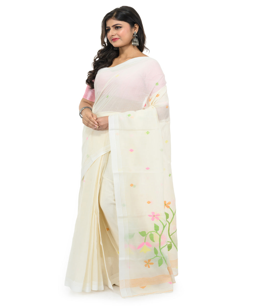 White multicolor handwoven bengal cotton saree