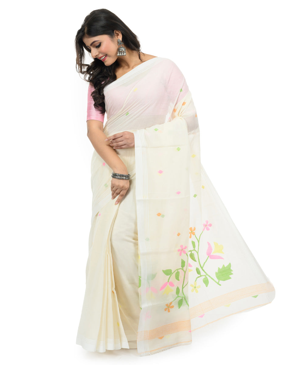 White multicolor handwoven bengal cotton saree
