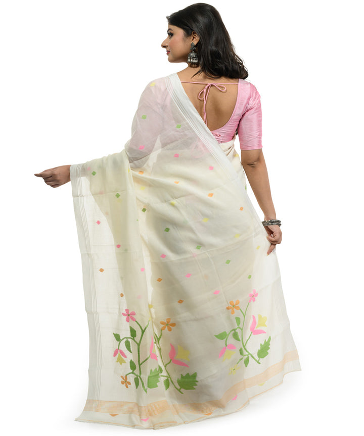 White multicolor handwoven bengal cotton saree