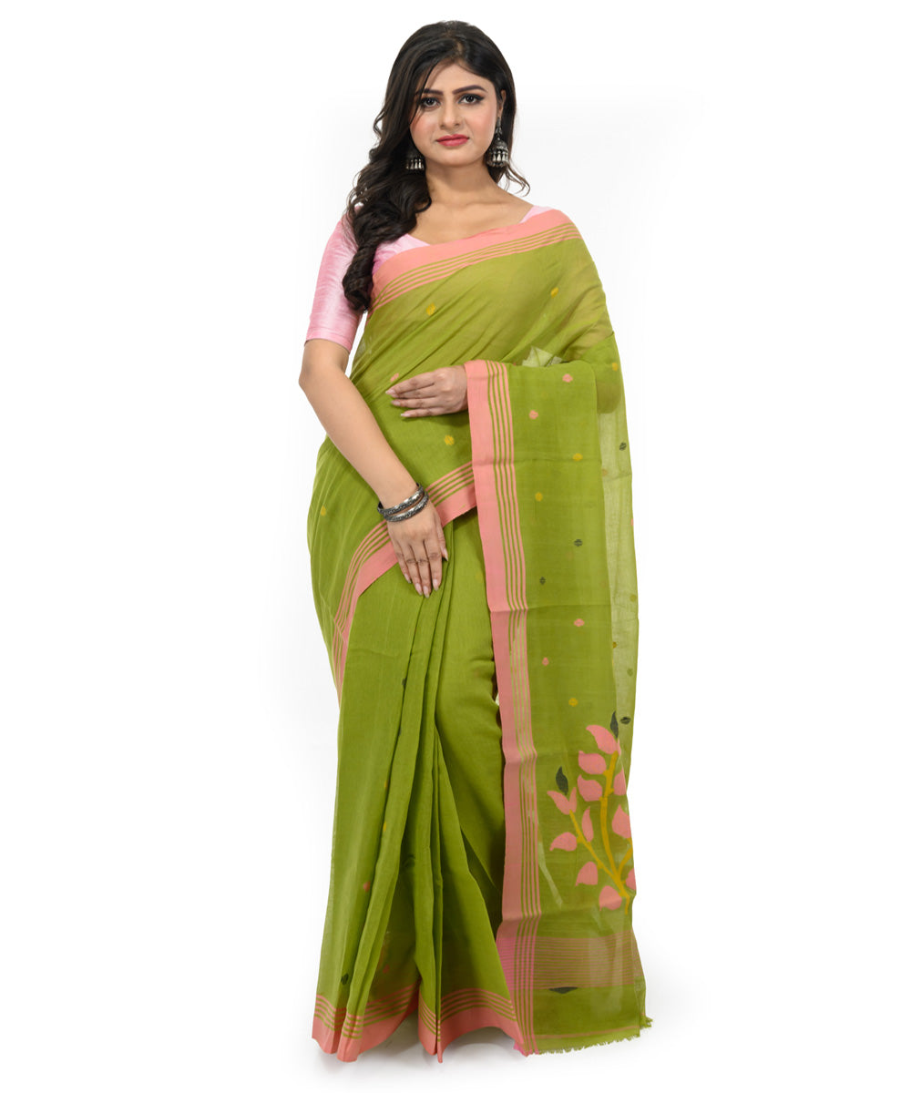 Dark green red handwoven bengal cotton saree