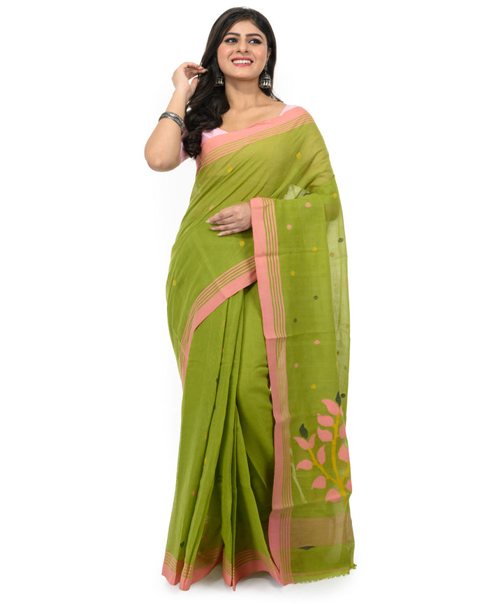 Dark green red handwoven bengal cotton saree