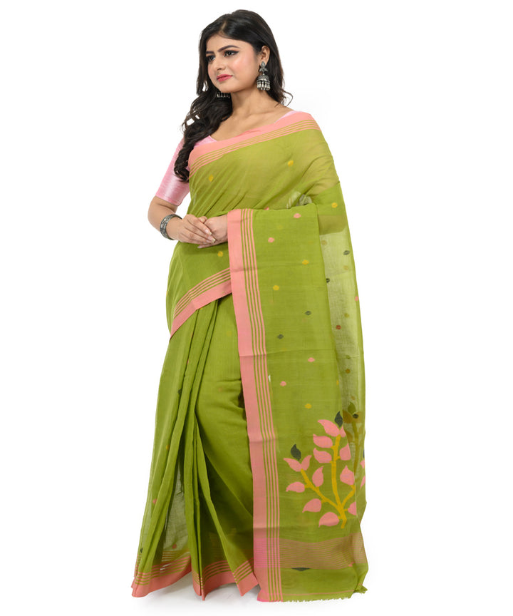 Dark green red handwoven bengal cotton saree