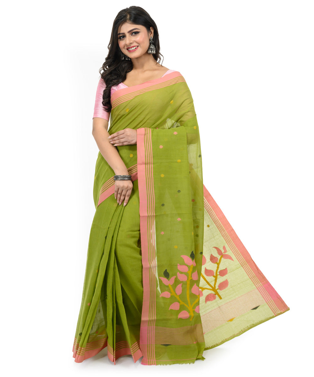 Dark green red handwoven bengal cotton saree