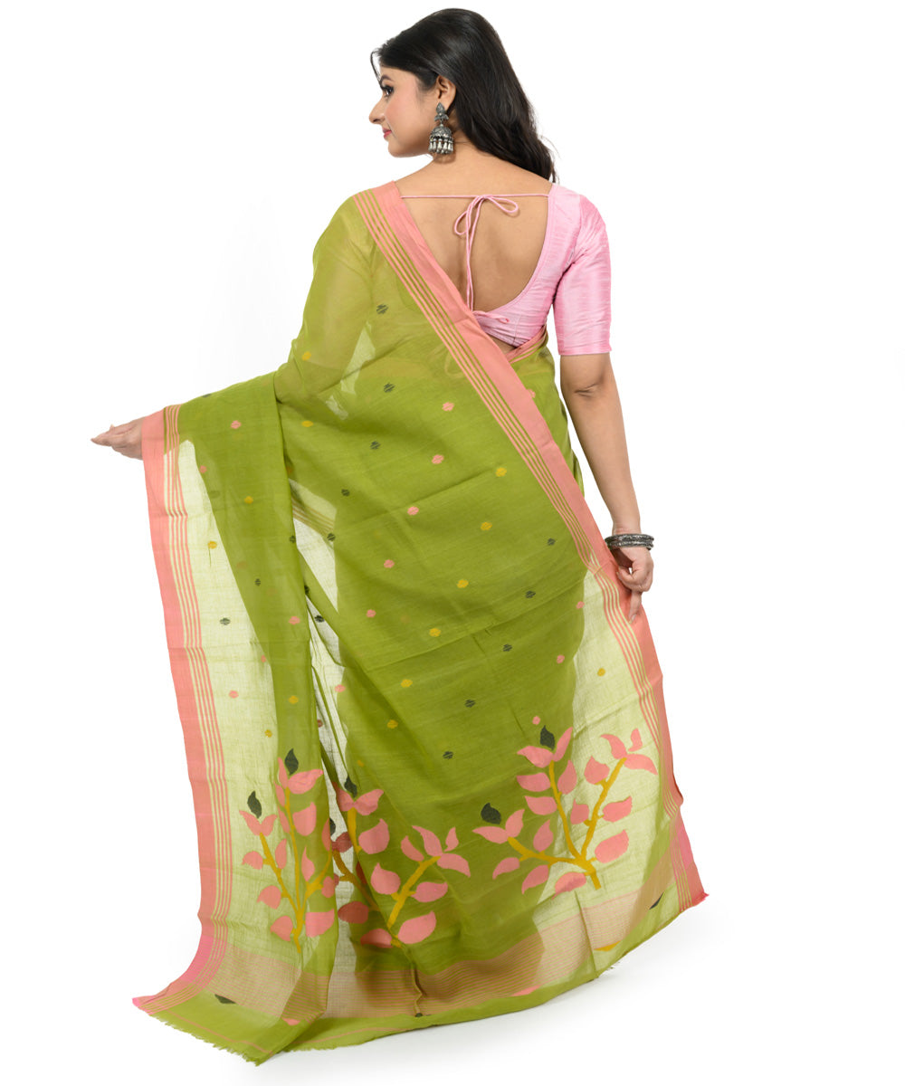 Dark green red handwoven bengal cotton saree