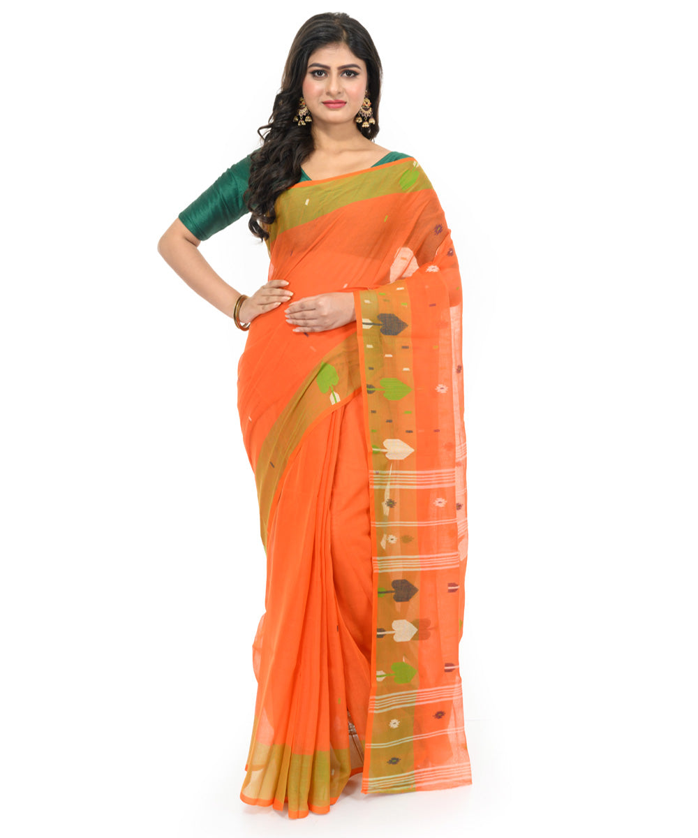 Orange olive green handwoven bengal cotton saree