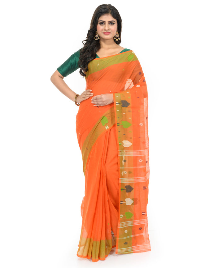 Orange olive green handwoven bengal cotton saree