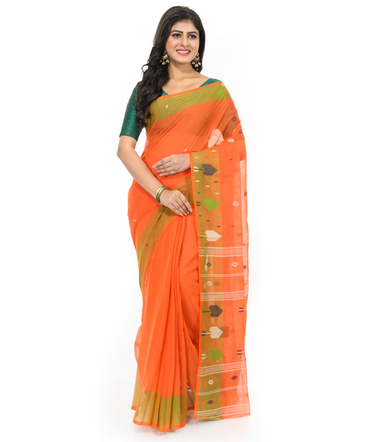 Orange olive green handwoven bengal cotton saree