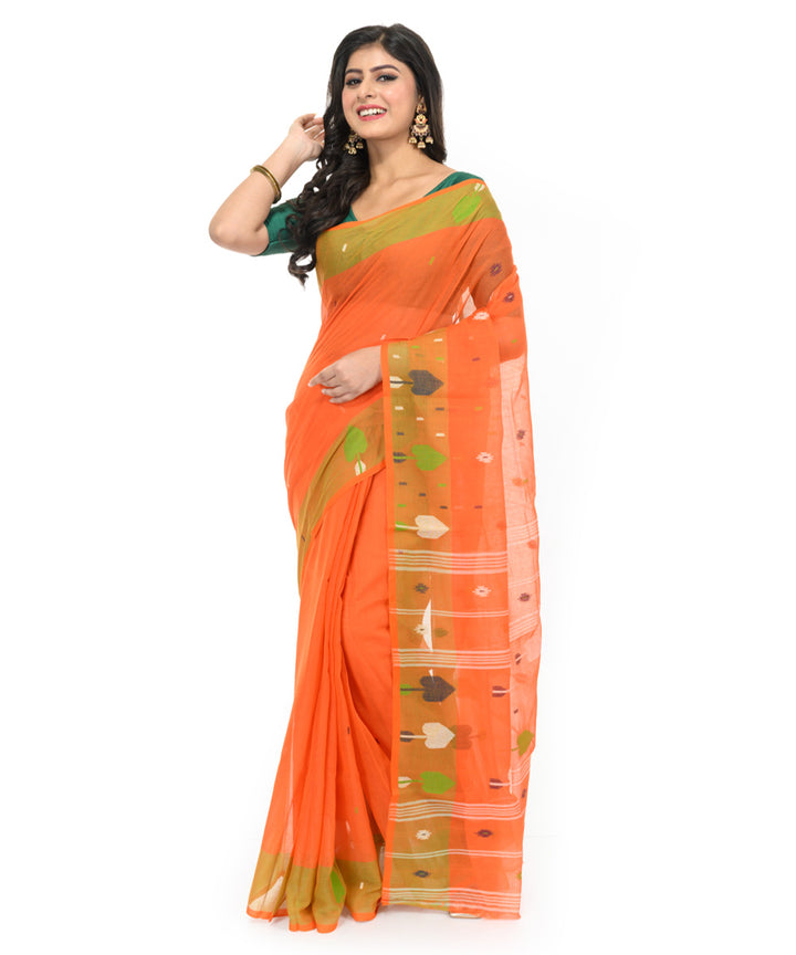 Orange olive green handwoven bengal cotton saree