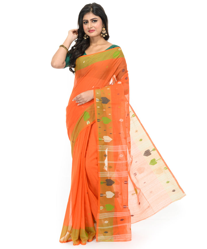 Orange olive green handwoven bengal cotton saree