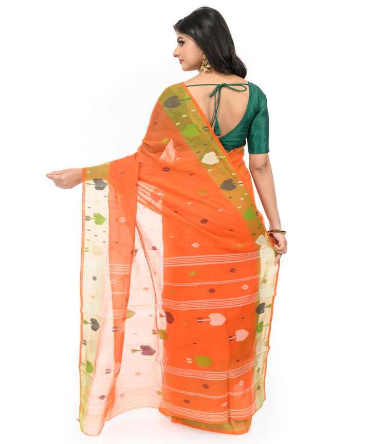 Orange olive green handwoven bengal cotton saree