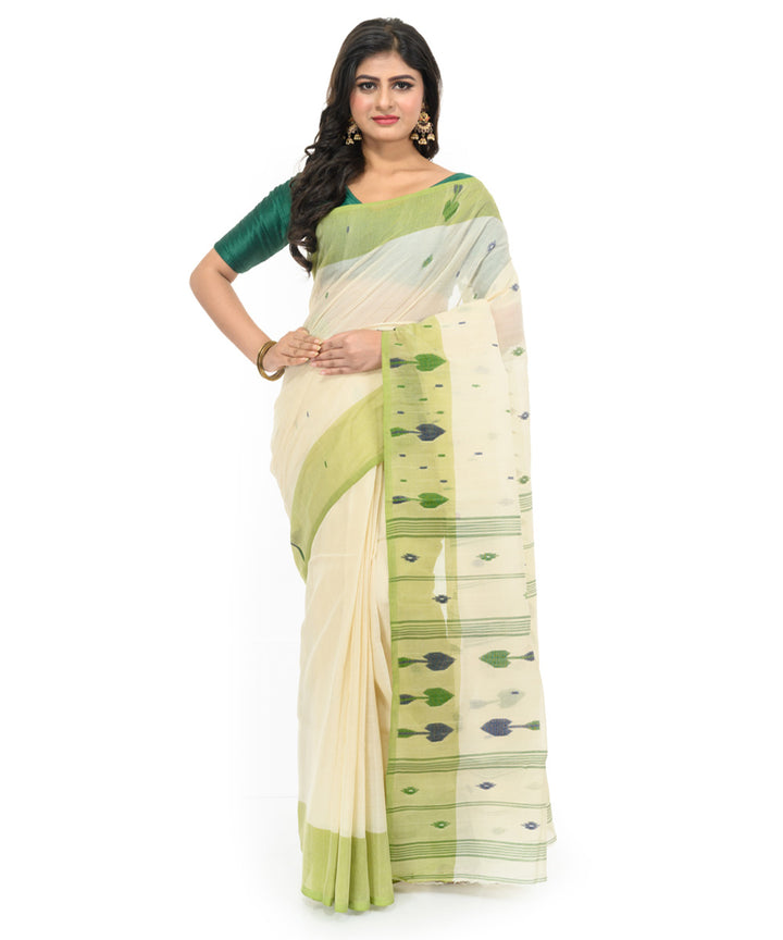 Cream light green handwoven bengal cotton saree