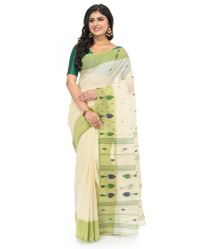 Cream light green handwoven bengal cotton saree